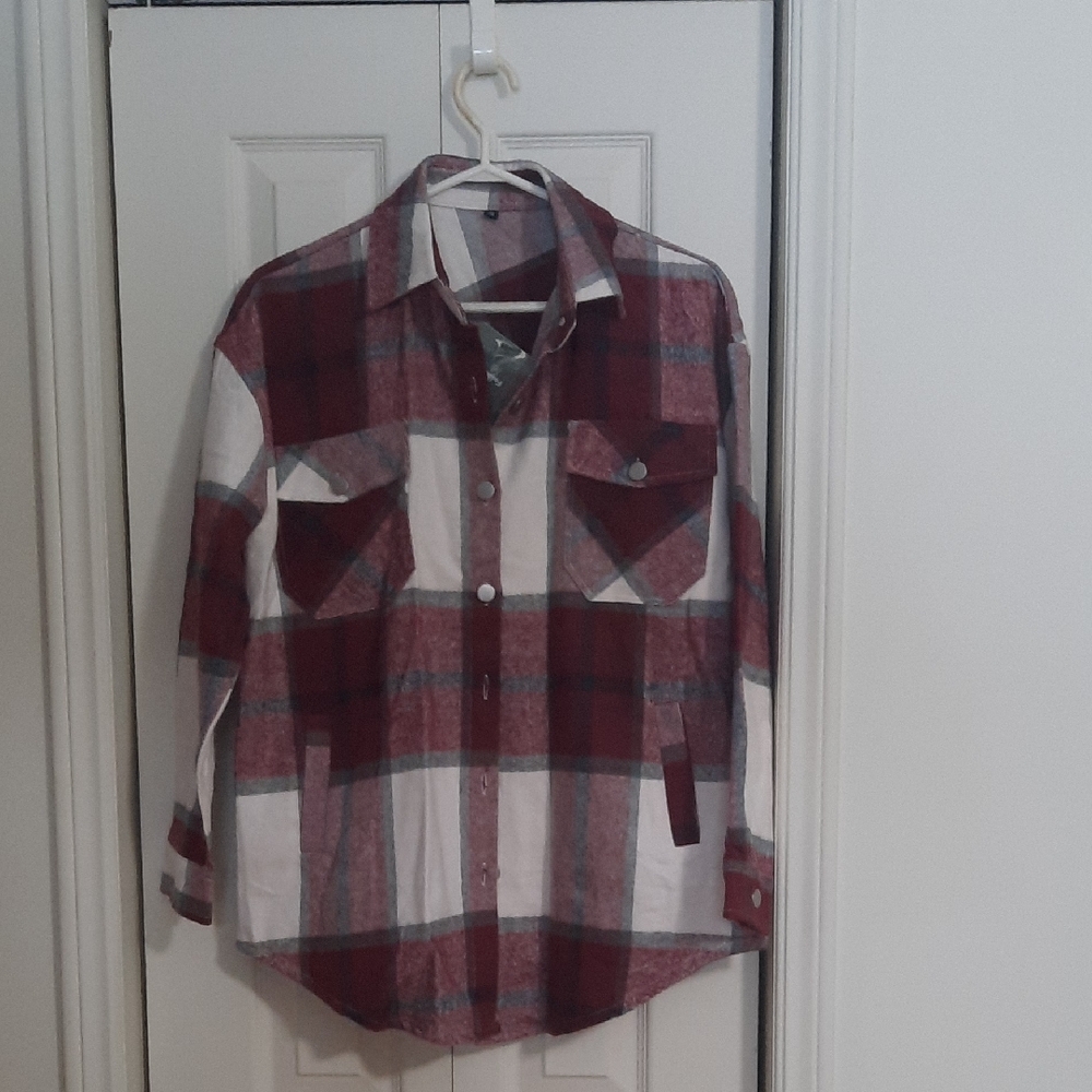 Womens Red and White Casual Button Down Shirt with Classic Flannel Design